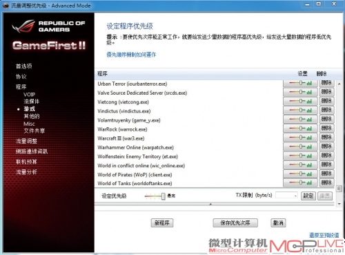 在GameFirst Ⅱ网络控制软件中，我们可以对每一个程序的网络优先级进行设定。因此在娱乐时，用户应该将游戏的优先级设置为高，把下载软件的优先级设置为低。